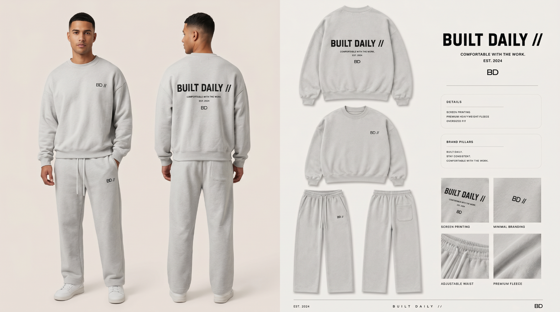 Heather grey crewneck set with front and back views plus detail callouts.