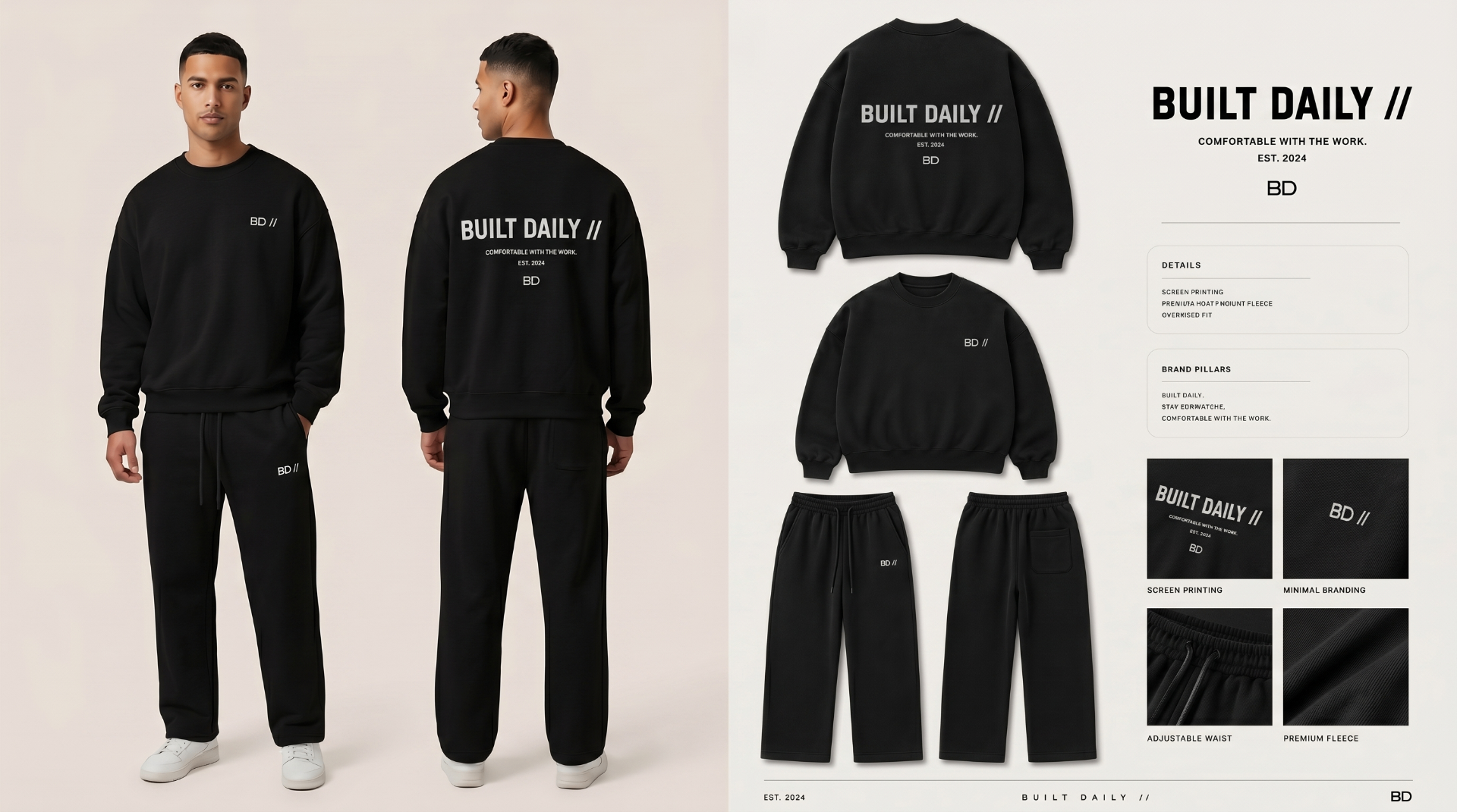 Black crewneck set with front and back views plus detail callouts.