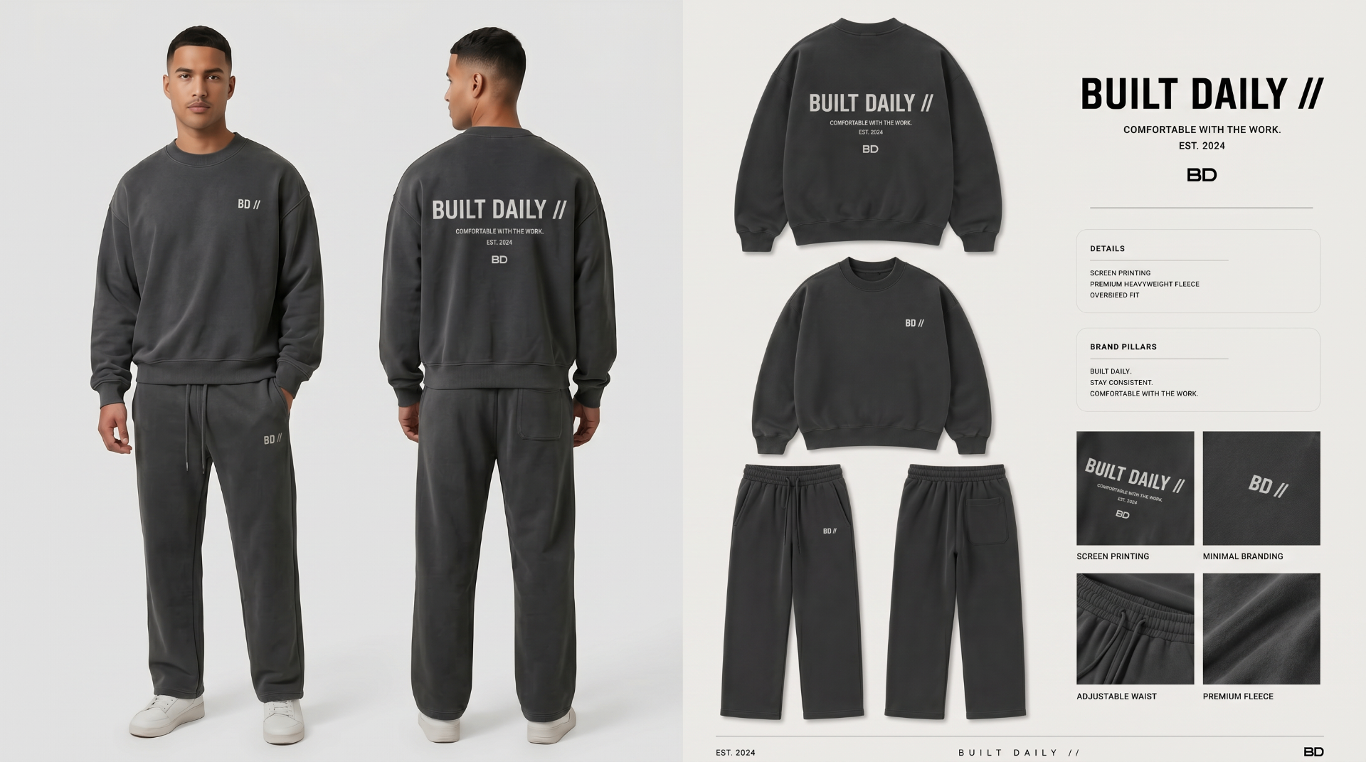 Charcoal crewneck set with front and back views plus detail callouts.